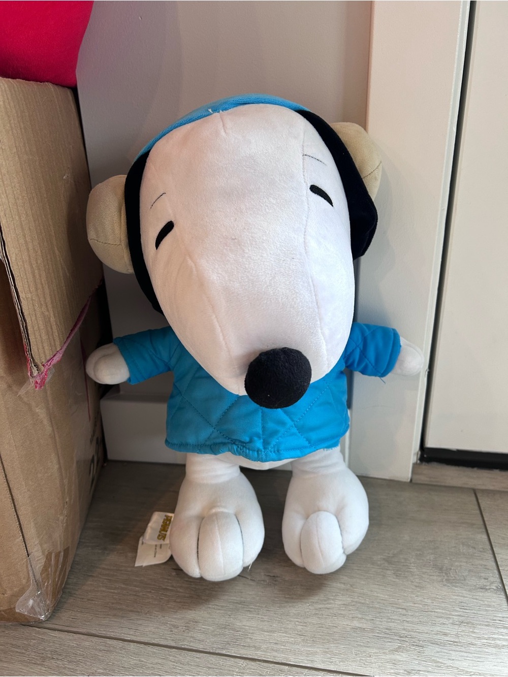 Peanuts Snoopy Plush Dog Blue Puffer Jacket Earmuffs Stuffed Animal Winter Toy